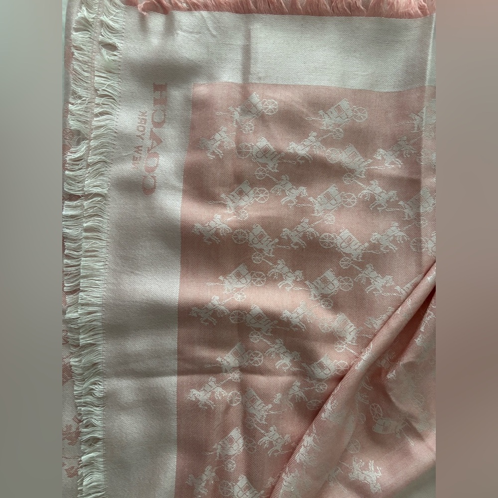 Coach Wool Square Carriage Signature Scarf Pink White